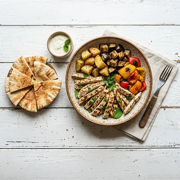 Chicken Shish Tawook Bowl With Roasted Potato,Eggplant,Peppers & Pita